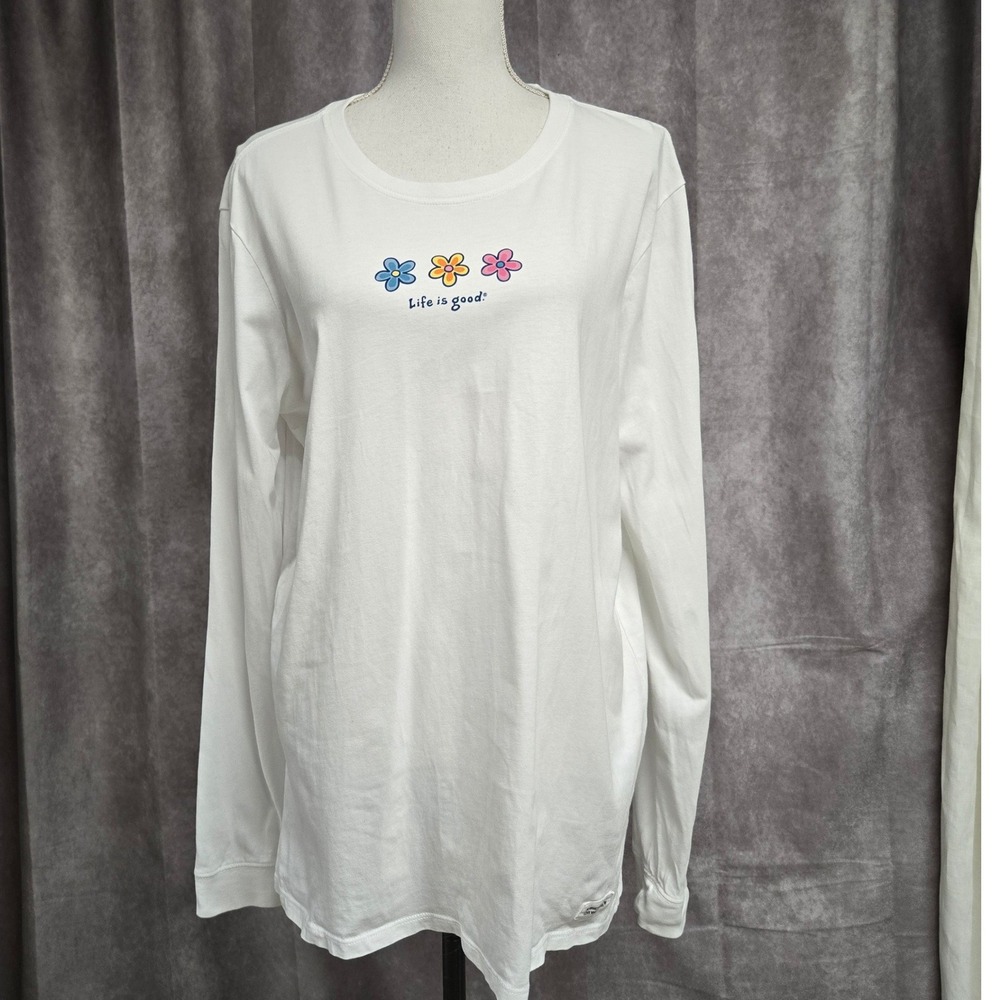 Life is Good Crusher Long Sleeve Graphic Flower T-Shirt White Cotton Women's  XL